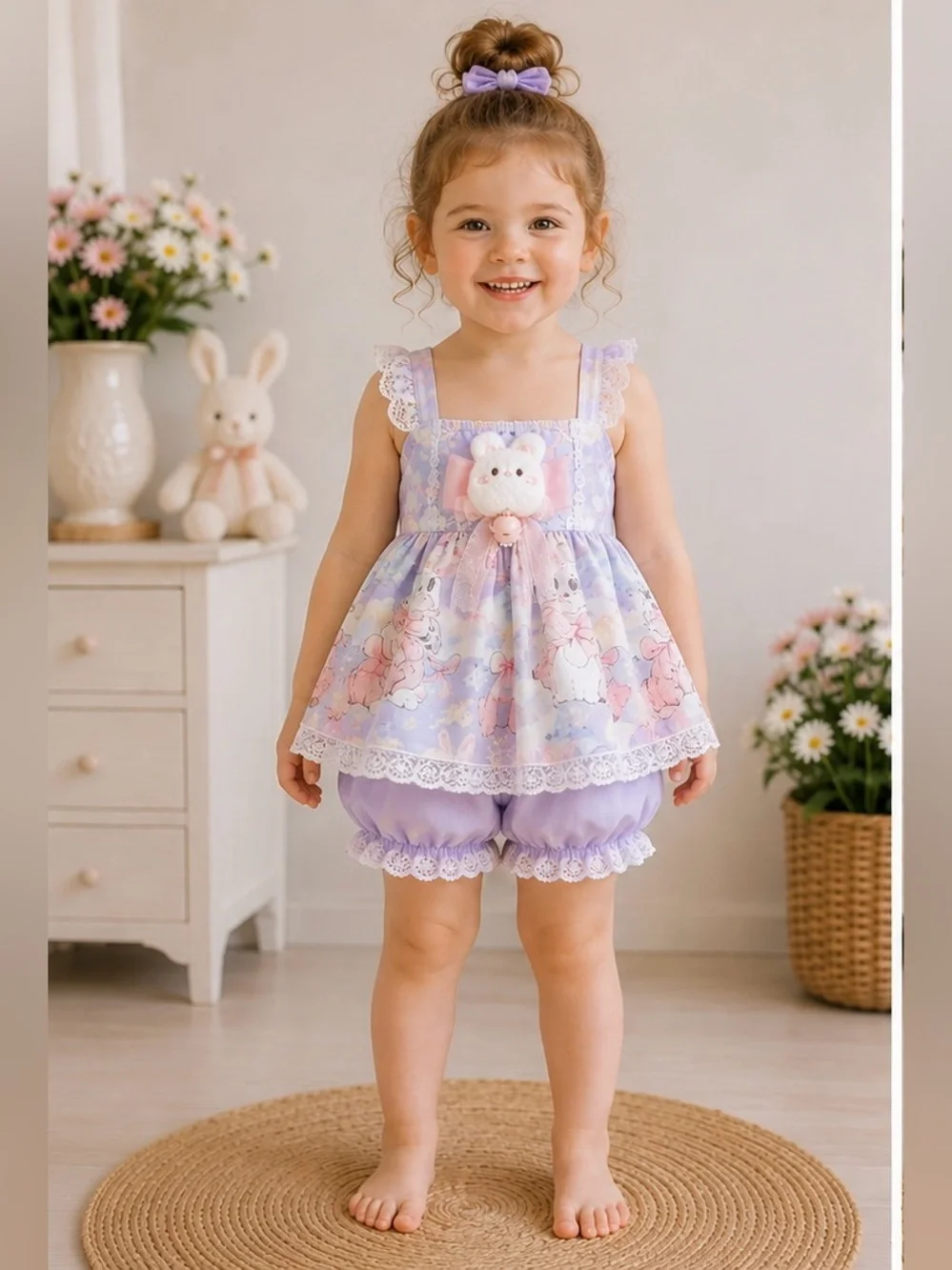 Pastel Kawaii Bunny Lolita 2 Piece Girls Set Lace Cami Bloomers